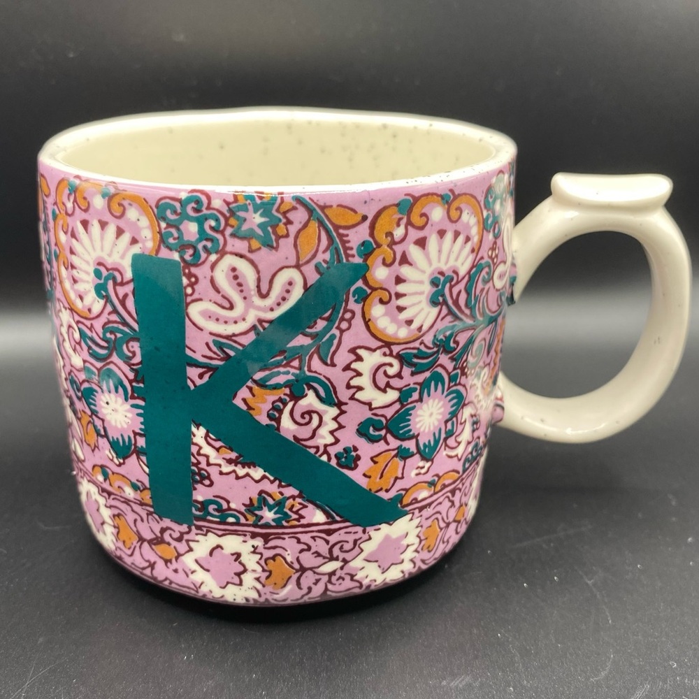 Anthropologie Monogrammed "K" Thumb Rest Mug - Pink/Purple Teal Floral Paisley